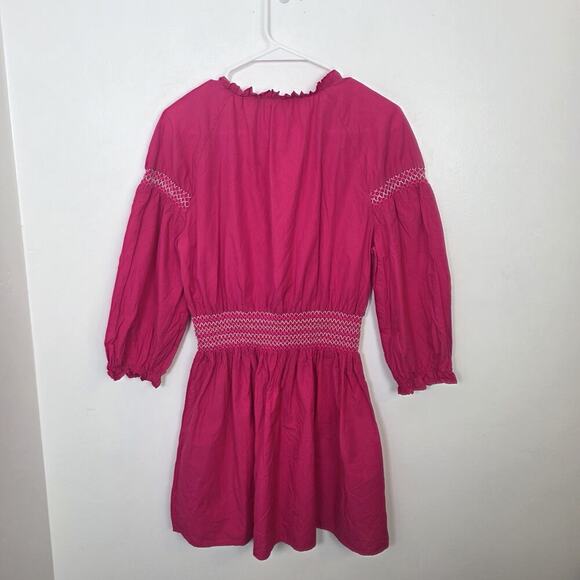 Zara Fuschia Pink Smocked Embroidered Puff Sleeve Tassels Mini Dress Size Large‎ - Picture 9 of 10